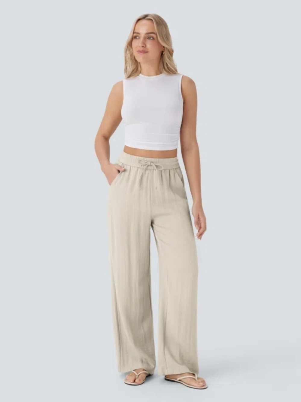 HALARA High Waisted Drawstring Pocket Wide Leg Baggy Casual Linen-Feel Pants